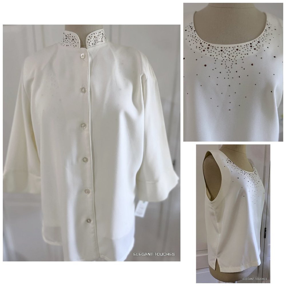 Sea Suns Collared Button Up Jacket Top Tank Set White Beaded vgt 2 pc SMALL